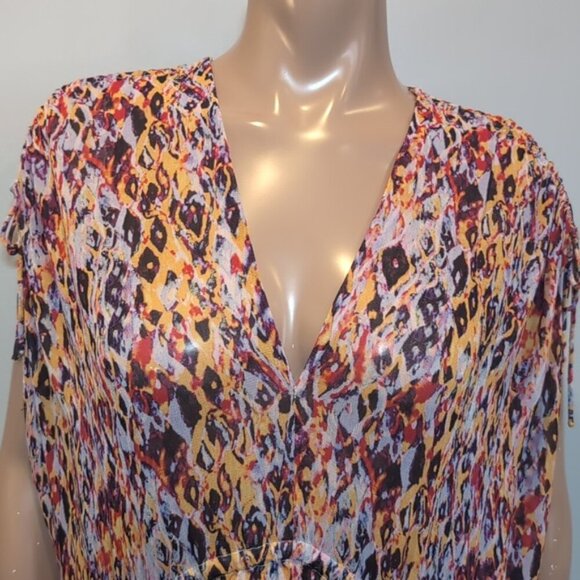 Iro Plum Sleeveless Mini Dress Watercolor Flowy Drawstring Vneck US Size 10 - Picture 4 of 16